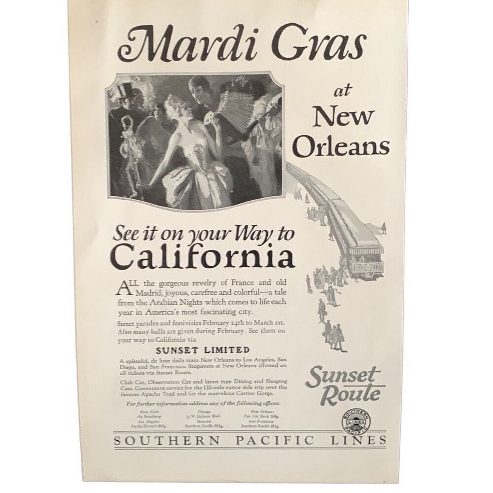 Vintage 1927 Southern Pacific Lines Mardi Gras Ad Advertisement